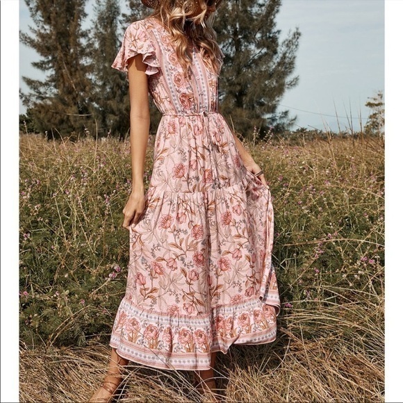 Floral Flutter Sleeve Tiered Midi Dress in Pink - Picture 4 of 5